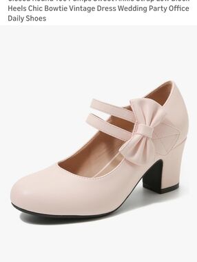 Double-Strap Bow Block Heels in Blush Pink